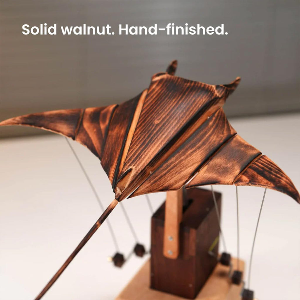 3D Wooden Kinetic Manta Ray, Dynamic Sculpture for Desk Decor from Natural Walnut & Beech Wood, Soothing Motion Art Gift for Adults & Collectors