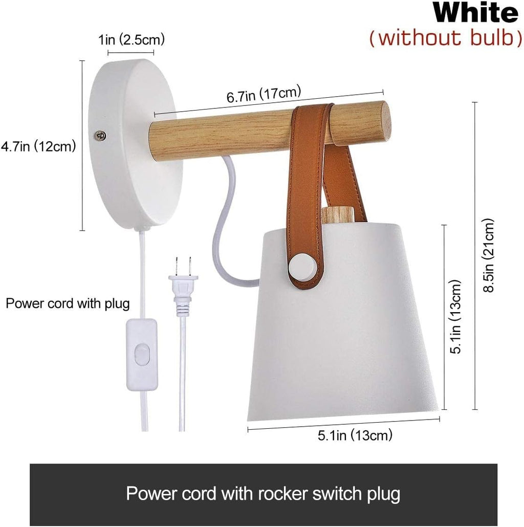 Wall Lamps for Bedroom White Plug in Wall Sconces Indoor Wall Lighting fixtures Industrial E26 lamp Holder with Wooden and Leather lamp Wall for Nightstand Vanity Mirror or Farmhouse Aisle Corridor