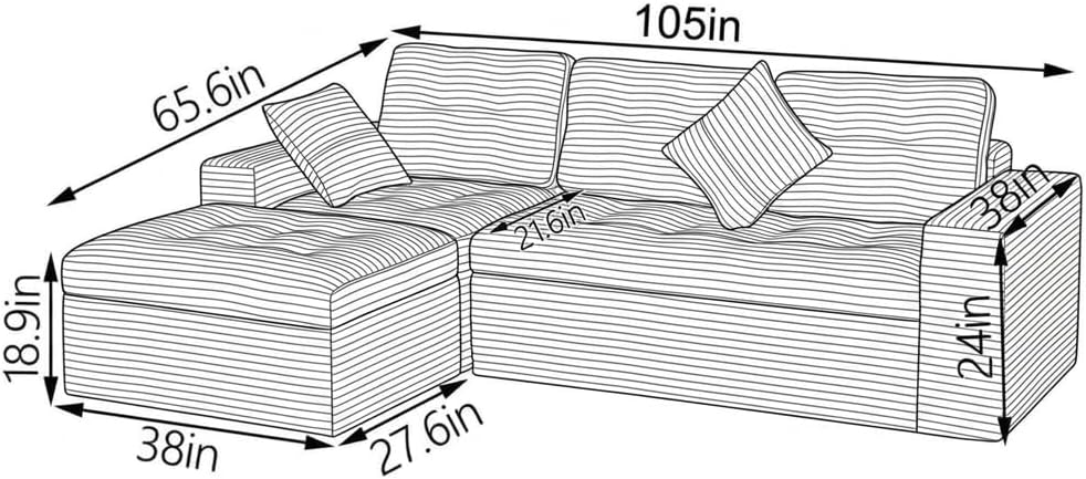 Eafurn 105' L-Shaped Boneless Modular Sectional Sofa with Movable Ottoman, Comfy Corduroy Floor Couch with Deep Seat and Tufted Seat, Flexible Module Combination for Living Room, No Assembly