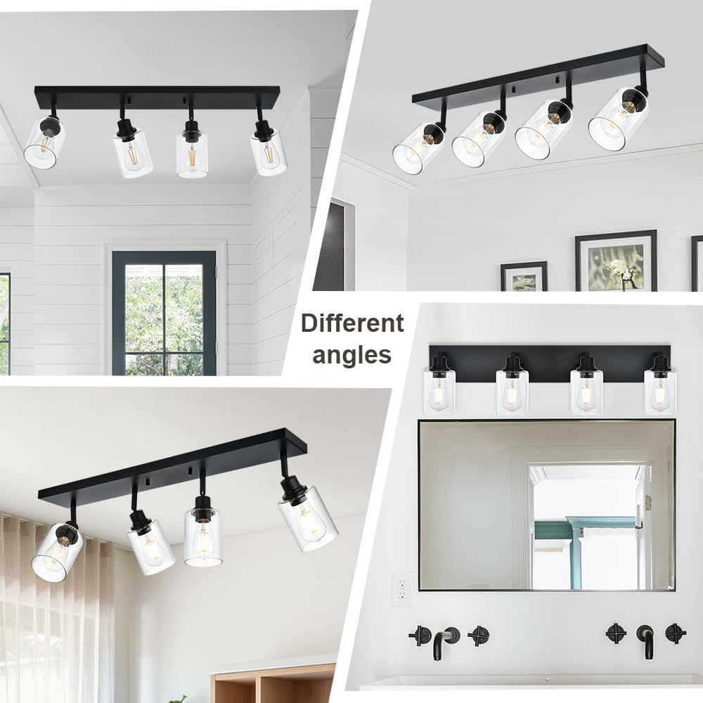 4 Light VINLUZ Vanity Wall Light with Clear Glass Shade Indoor Bathroom Fixture Multi-Directional Rotating Metal Ceiling Spotlight Fixture with Adjustable Track Heads