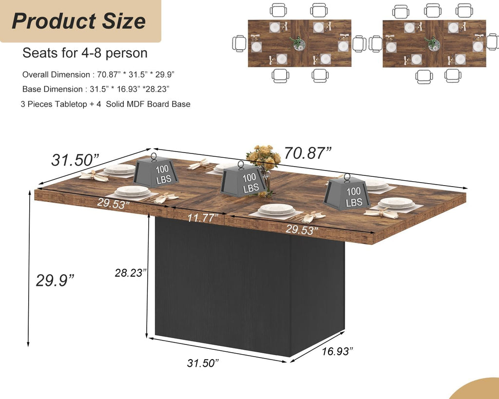 HSH Dining Table for 6 to 8, 71' Wood Rectangular Dinner Table, 6 ft Industrial Kitchen Table only with Black Pedestal, Modern Large Dining Room Table for Home Gathering Office, Rustic Brown, 71 Inch