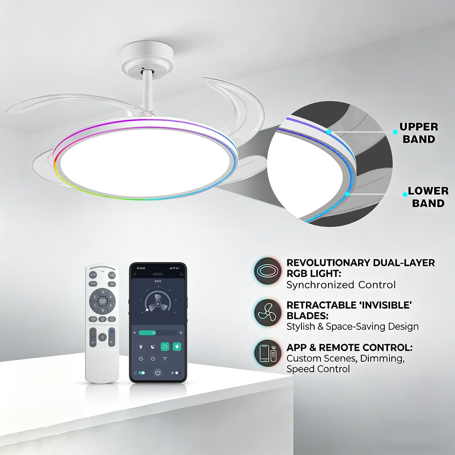 BAYSQUIRREL Slim Retractable Ceiling Fan, 42 Inch Low Profile Ceiling Fan with Remote Control, Dimmable Full Spectrum with Memory, 6-Speed Reversible Fan, White