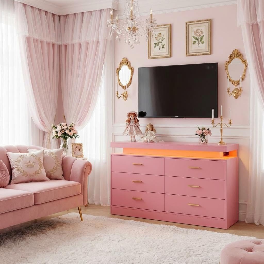 TV Stand Cabinet with LED Lights & Charging Station, Coffee Bar Cabinet Floating Countertop, Modern Sideboard Buffet 6 Drawers for Home, Living Room, Pink