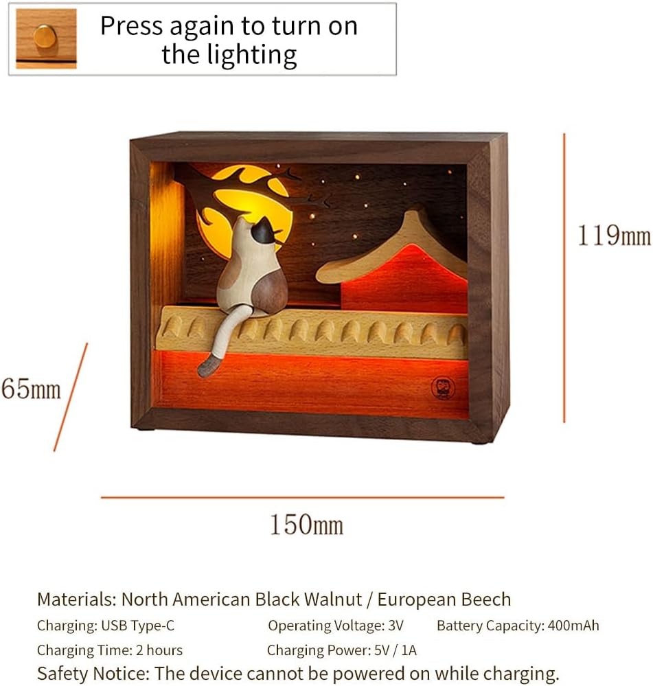 Wooden Cat Night Light with Warm Glow, 3D Layered Solid Wood Model, Touch Control Desk Lamp, Cozy Ambient Night Lamp, Relaxing Home Decor, Aesthetic Desk & Shelf Decor for Bedroom & Office