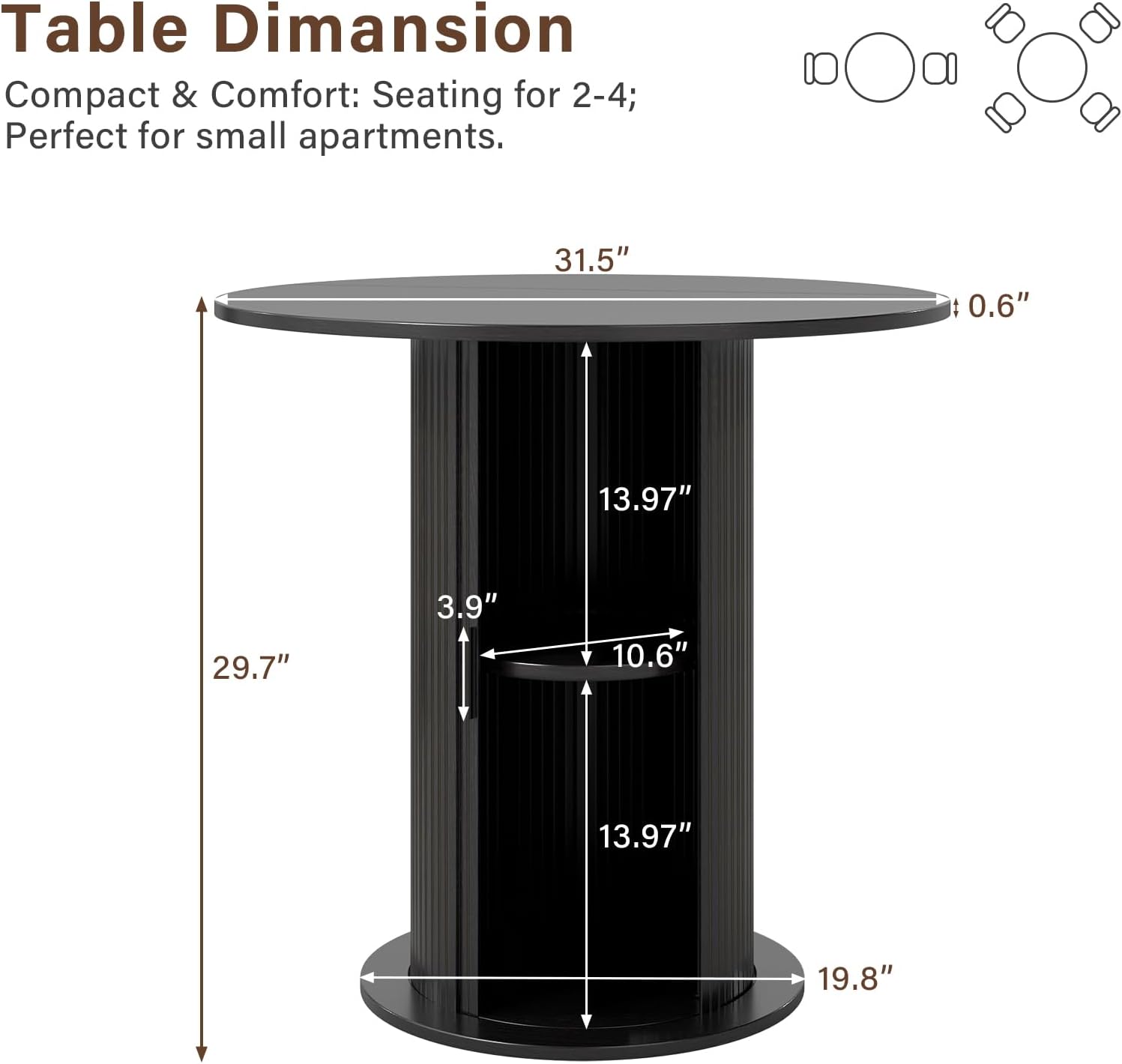 31.5 Inch Round Dining Table with Hidden Storage, Modern Fluted Pedestal Kitchen Table for Small Spaces, Circular Breakfast Nook Table with 2-Layer Shelves for Apartment Studio, Black