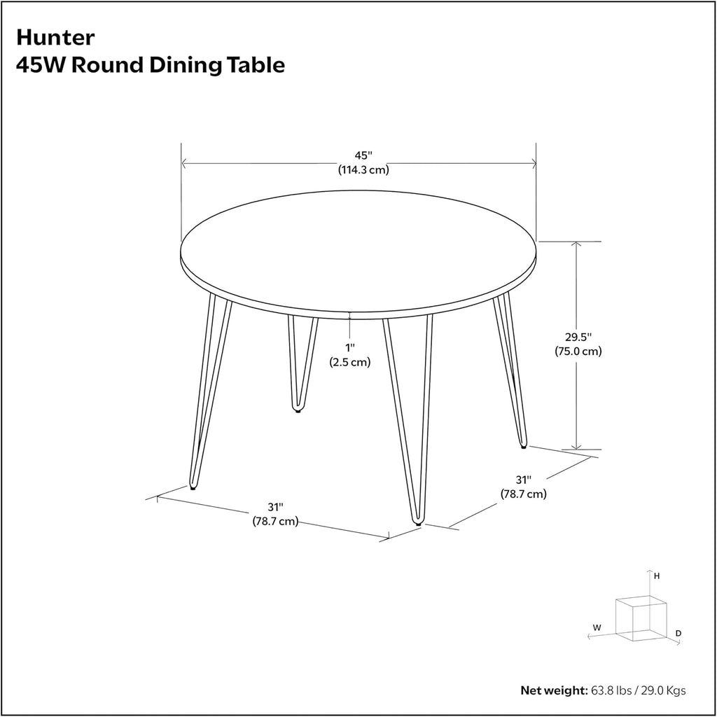 SIMPLIHOME Hunter Dining Table - 45 inch Wide Solid Mango Wood Round Table in Natural, Modern Industrial Style for Dining Room or Kitchen with Black Powder-Coated Iron Base and Hairpin Legs, Seats 4