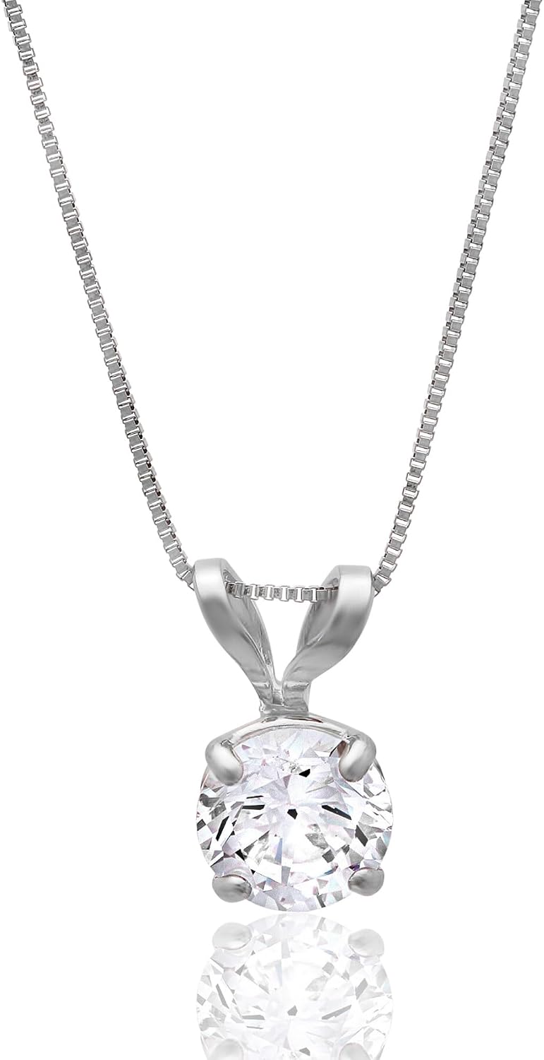 MAX + STONE 14k Gold 8mm Round Solitaire Cubic Zirconia Pendant Necklace for Women with 18 Inch Box Chain