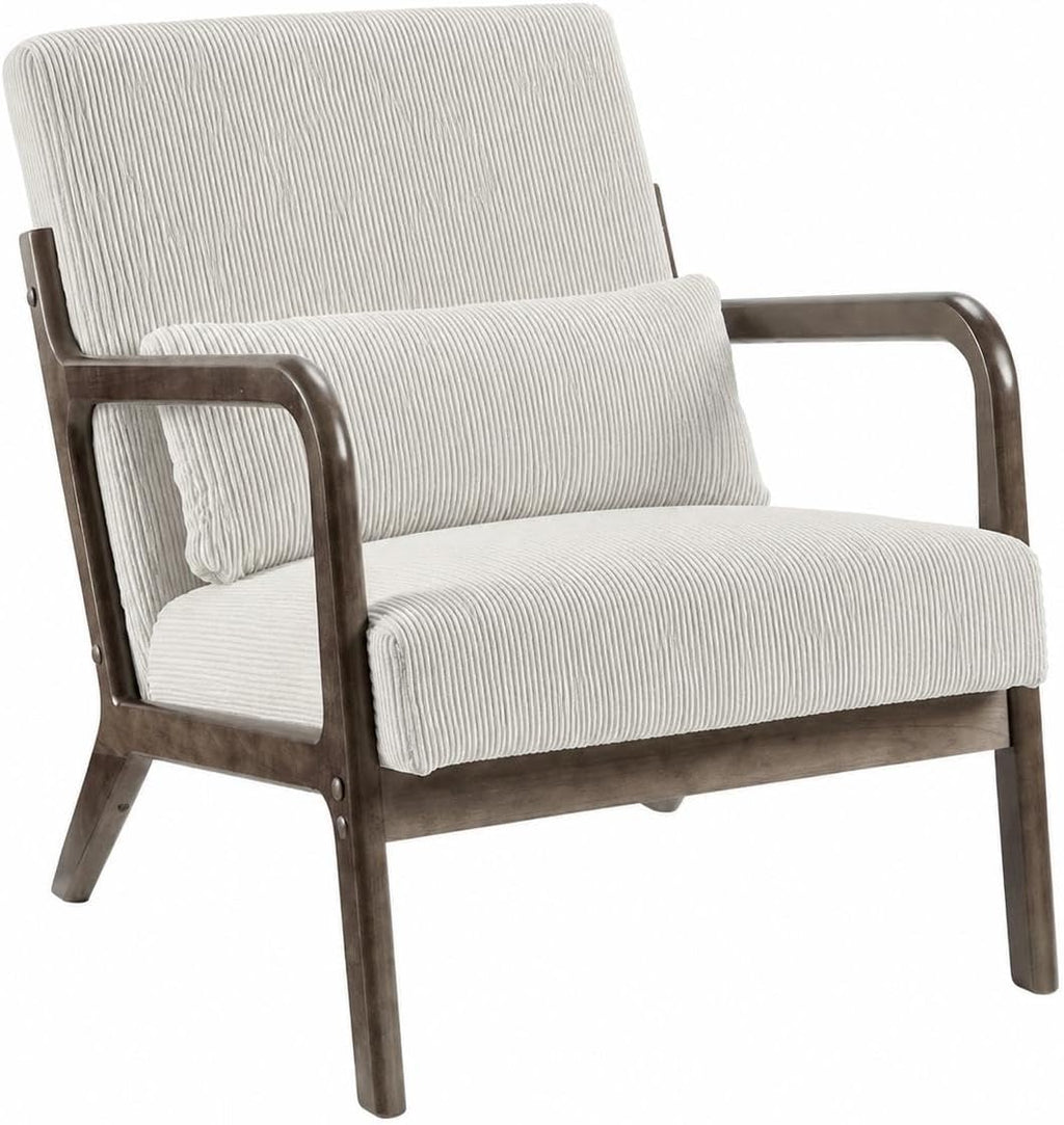 Garvee Mid-Century Modern Accent Chair, Fine Wale Corduroy Upholstery, Solid Wood Armchair with Removable Lumbar Pillow, Sturdy Reading Chair for Living Room, Bedroom, Guest Room, Easy Assembly, Beige