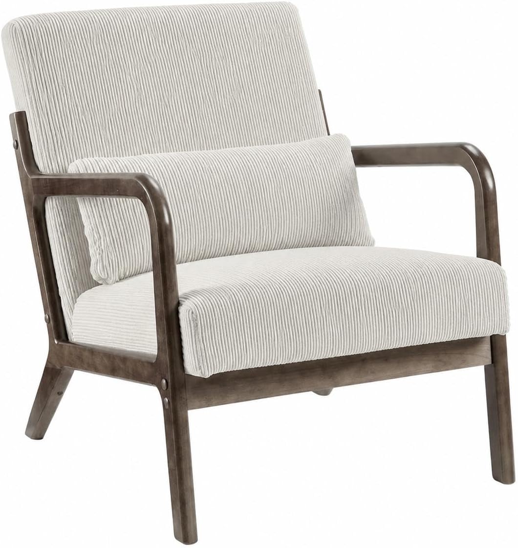 Garvee Mid-Century Modern Accent Chair, Fine Wale Corduroy Upholstery, Solid Wood Armchair with Removable Lumbar Pillow, Sturdy Reading Chair for Living Room, Bedroom, Guest Room, Easy Assembly, Beige