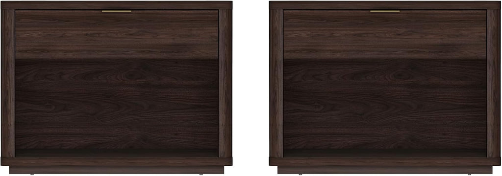 Manhattan Comfort Evelyn Set of 2 Nightstands with Drawer and Open Shelf Cubby, Minimalist Bedside Table with Rounded Corners and Raised Base, Modern Night Stand for Bedroom, or Living Room in Brown