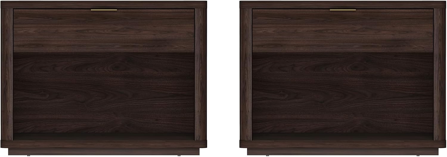 Manhattan Comfort Evelyn Set of 2 Nightstands with Drawer and Open Shelf Cubby, Minimalist Bedside Table with Rounded Corners and Raised Base, Modern Night Stand for Bedroom, or Living Room in Brown