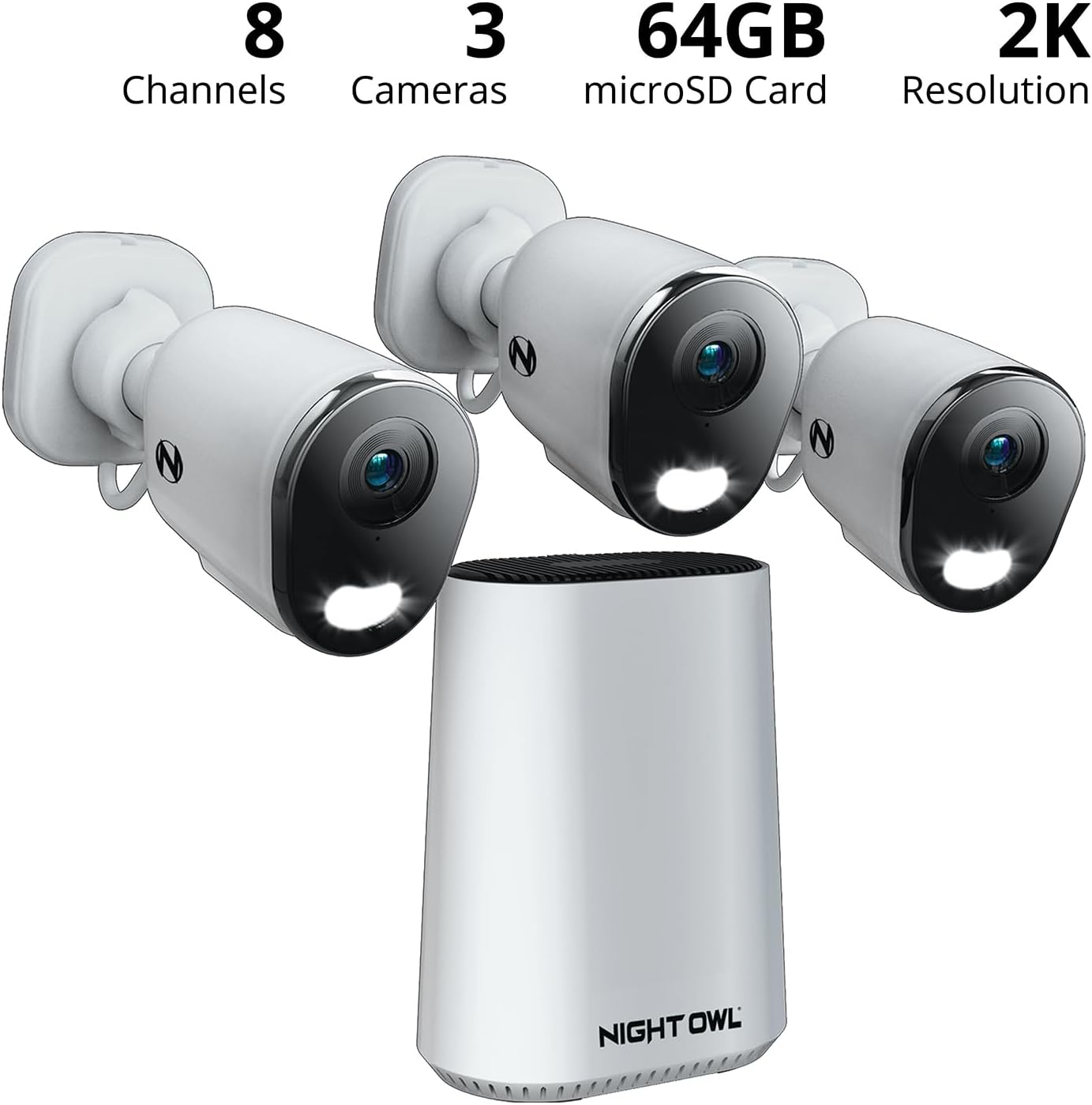 Night Owl 8 Channel Wi-Fi Video Home Security Hub with (3) Plug-in Wi-Fi 2K HD Indoor/Outdoor Spotlight Cameras with 2-Way Audio and 64GB microSD Card (Expandable up to 8 Cameras)