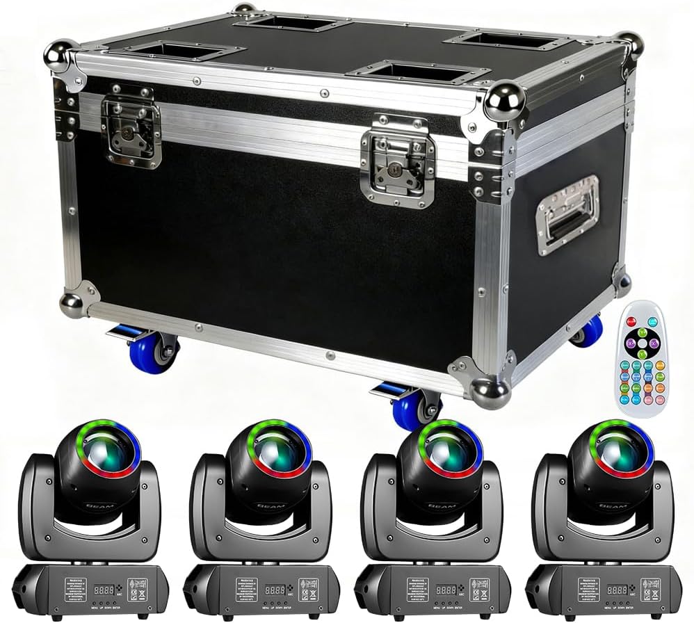 MINGJIE Moving Head Light, 120W Professional DJ Lights, Led Stage Light, Beam Spotlight with 8 Gobos & 8 Colors, DMX512 & Remote Control for Club,Disco,Party,Bars,Shows (1 Flight case + 4 Lights)