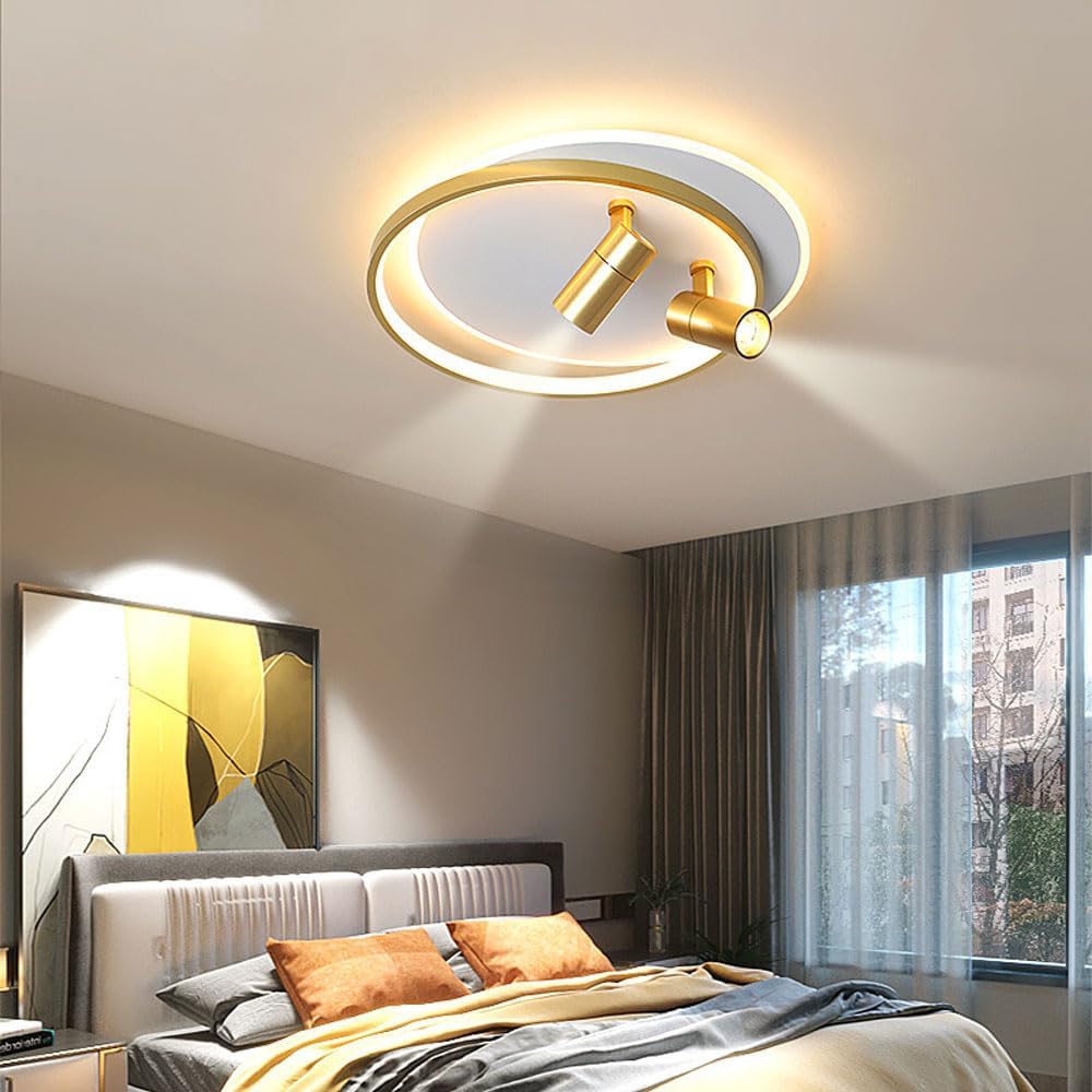 Modern LED Ceiling Light with 2 Spotlights, Dimmable Ring Ceiling Lighting Fixture with Remote Control, Indoor Flush Mount Ceiling Lamp for Bedroom Hallway Dining Room Entryway Kitchen