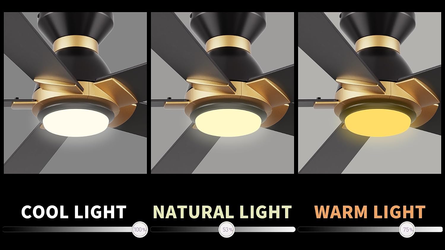 Carro Smart Ceiling Fans with Lights Flush Mount 52', 3 Light Colors Dimmable, 10 Speeds DC Ceiling Fan with Remote, Outdoor, Compatible with Alexa, Siri & Google Home, Black Gold