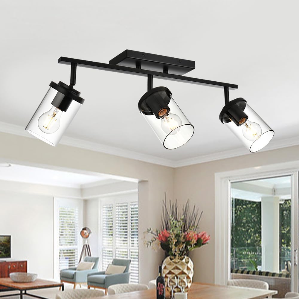 BONLICHT Industrial Vintage Indoor Wall Mount Spotlight 3 Light Modern Semi Flush Mount Ceiling Light Black Adjustable Track Lighting Kit Rustic Bathroom Vanity Light Fixture with Clear Glass Shade