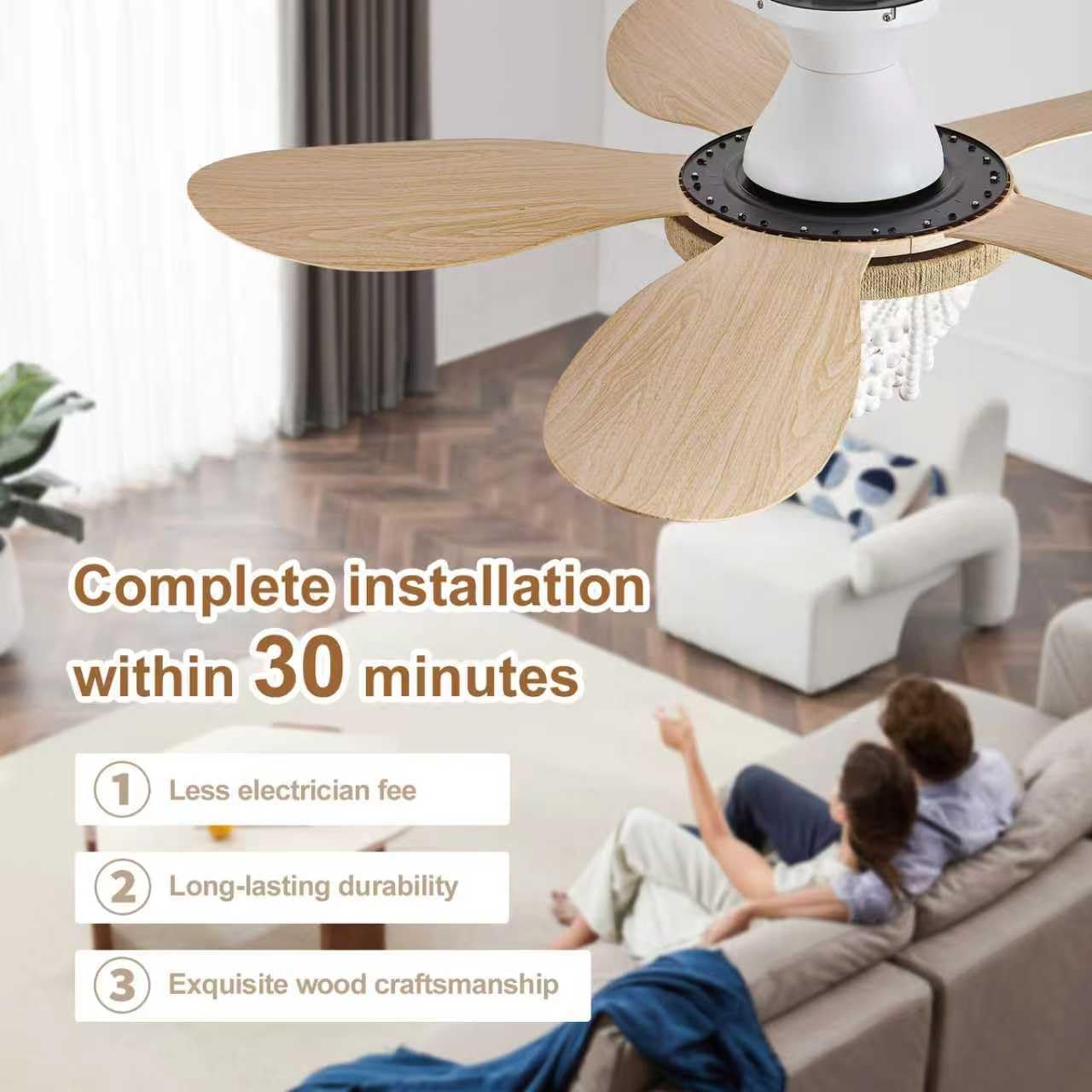 Boho Ceiling Fans with Lights and Remote, Wood Beaded 52 inch Ceiling Fan with Light,6 Speed Reversible Motor LED Flush Mount Ceiling Fans, Ceiling Fan Light for Bedroom Living Room(Wood Blades)