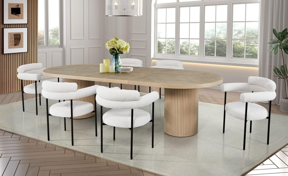 Dobby 90'-123' Extendable Oval Wooden Dining Table, Light Oak | Mid Century Modern, Double Pedestal Base, For 6 People, Large