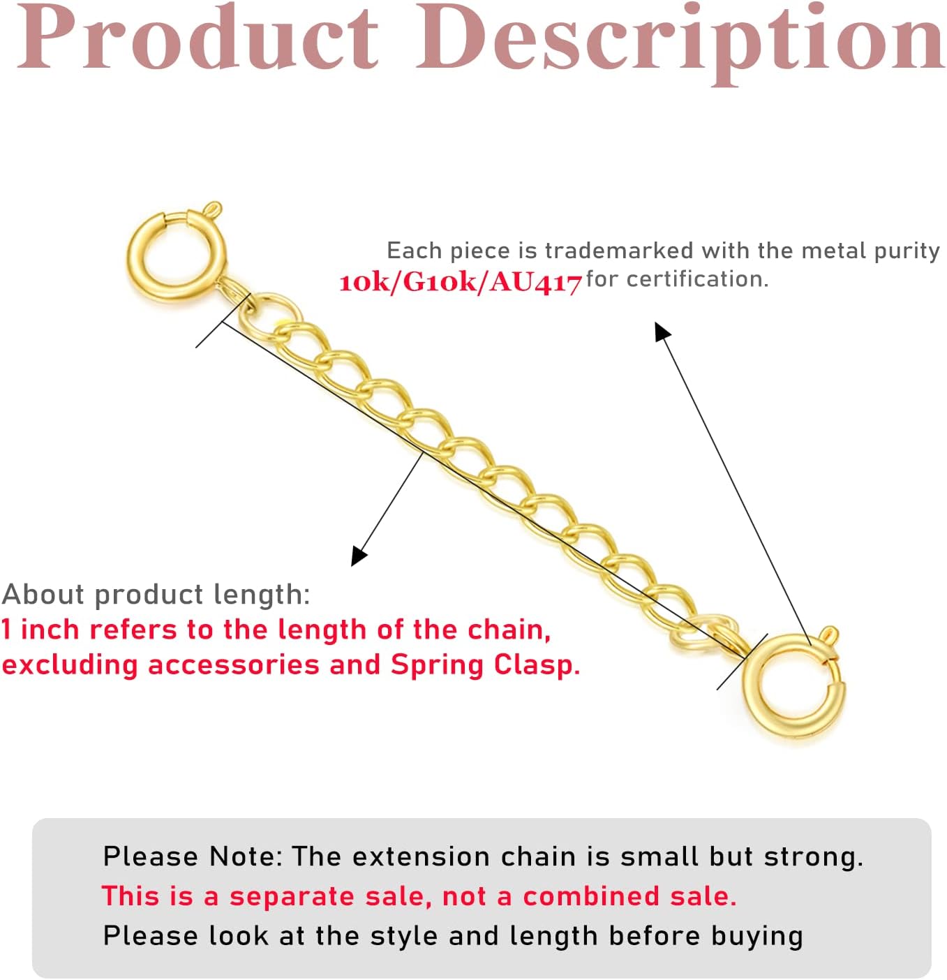 10k Real Gold 1'/1.5'/2'/3'/4' Necklace Extender Chain, Durable Strong Removable Gold Chain Extender, 10k Gold Adjustable Extension Chain for Necklace Bracelet Anklet