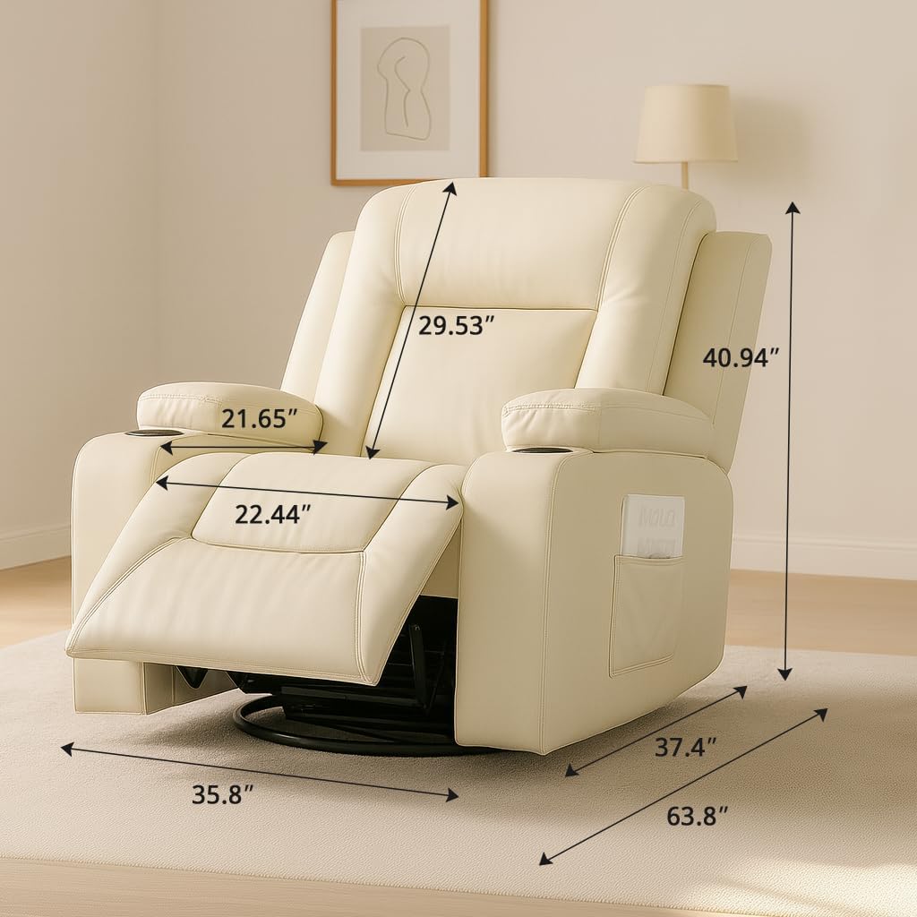 COMHOMA Recliner Chair,PU Rocking Chair for Adults,Swivel Recliner with Cup Holders,Single Sofa Seat with Side Pockets for Living Room,Bedroom(White)