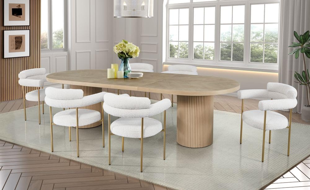 Dobby 90'-123' Extendable Oval Wooden Dining Table, Light Oak | Mid Century Modern, Double Pedestal Base, For 6 People, Large