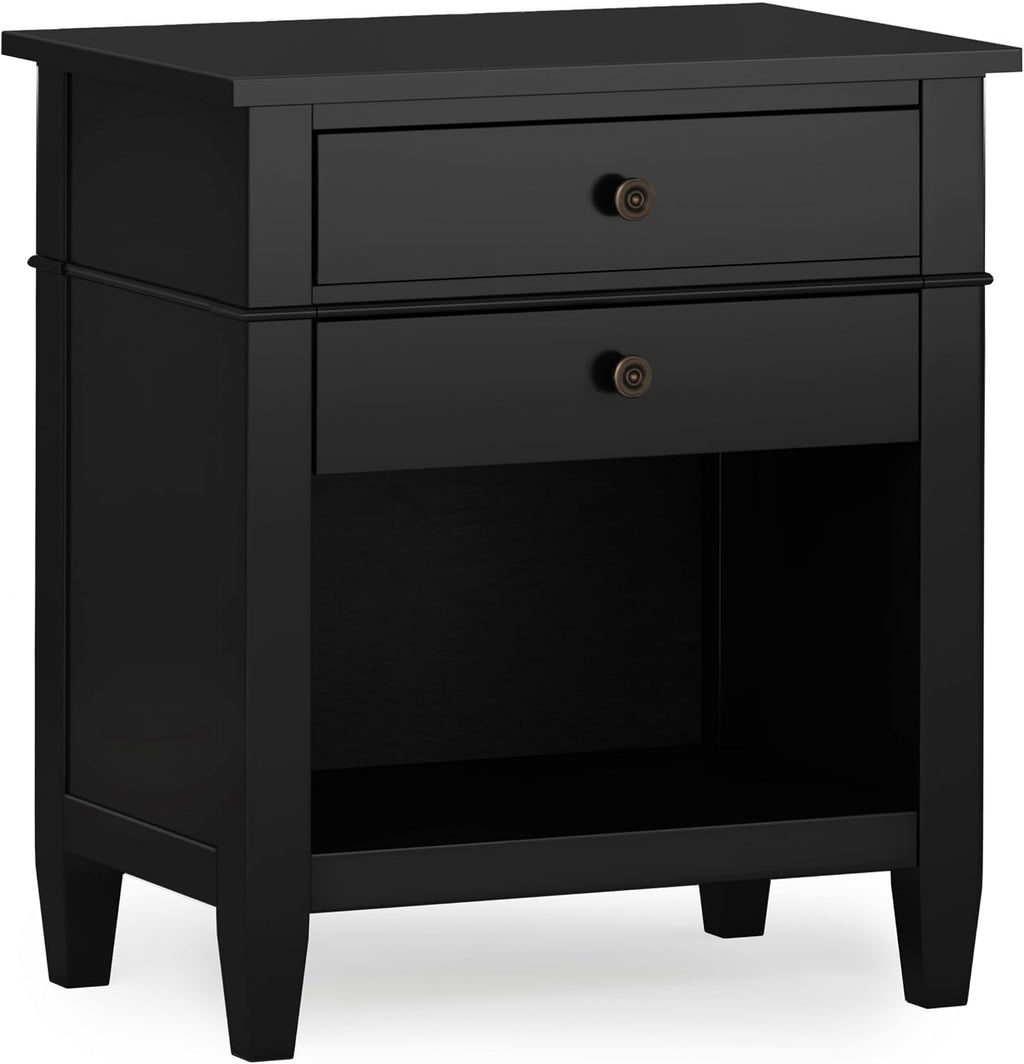 SIMPLIHOME Carlton Bedside Table - 24 inch Wide Solid Wood Nightstand Table in Black, Contemporary Bedroom Side or End Table with 2 Drawers, Open Storage Shelf and Bronze Hardware