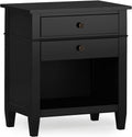 SIMPLIHOME Carlton Bedside Table - 24 inch Wide Solid Wood Nightstand Table in Black, Contemporary Bedroom Side or End Table with 2 Drawers, Open Storage Shelf and Bronze Hardware
