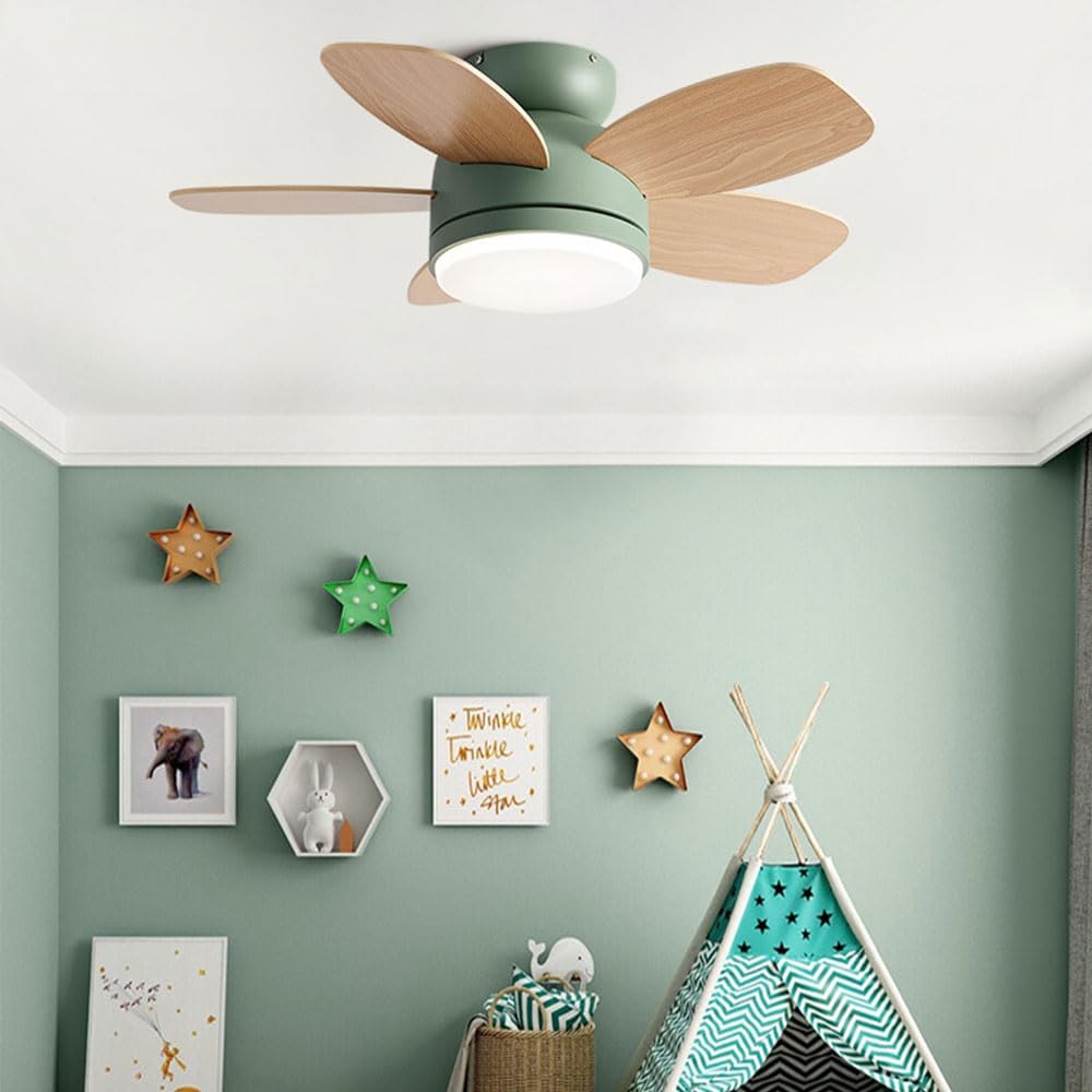Flush Mount 32in Ceiling Fan with Light 6 Speed Quiet Green Ceiling Fans Remote LED Ceiling Lights Fan Lighting Timing Reversible Fan Light for Bedroom Kids Room Lounge