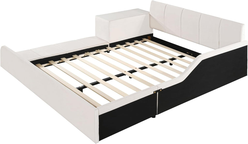 Merax Full Size Velvet Bed Frames Upholstered Grounded Bed, Wooden Mother & Child Bed with Bedside Desk and Little Round Stool,Kids Adults Bedroom Floor Platform Bed,Beige