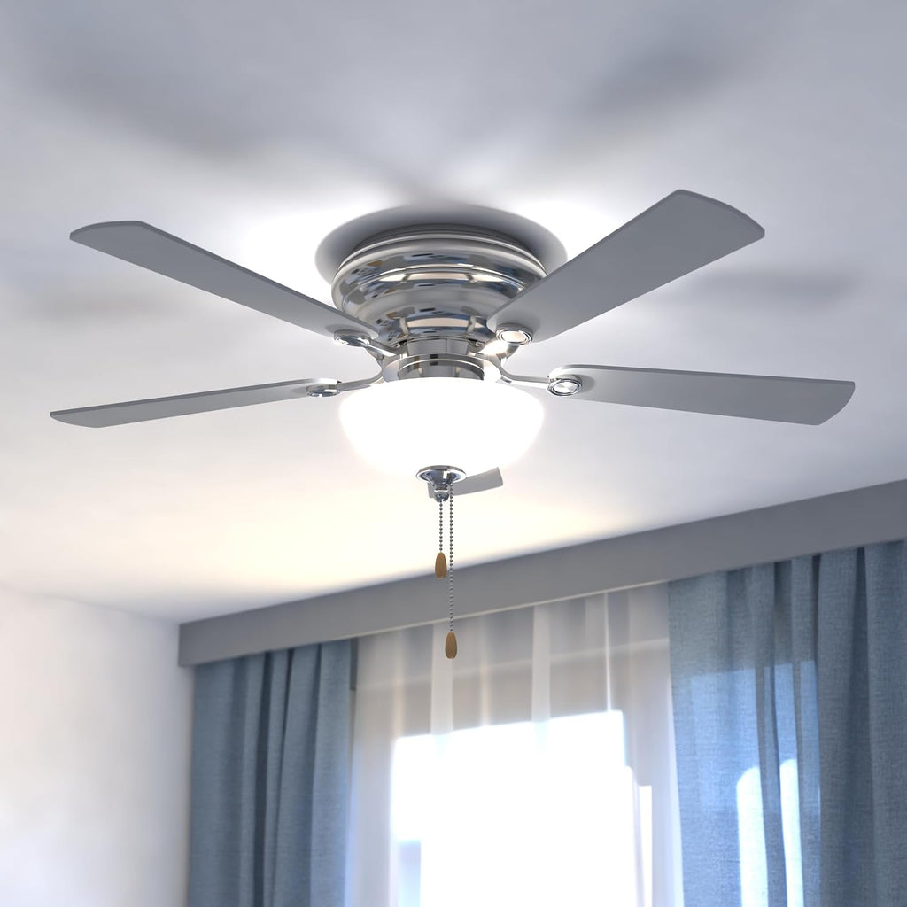 VAXCEL Expo 42 in. Satin Nickel Indoor Low Profile Flush Mount Transitional Ceiling Fan with Reversible Maple-Silver Blades, LED Light Kit and Pull Chain Included, 3 Speeds, White Frosted Glass Shade