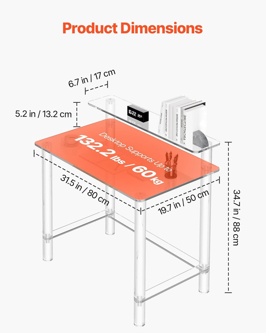 VEVOR Acrylic Desk with Monitor Stand, 2-Tier Clear Table Study Writing Desk, Modern Computer Desk for Home Office, Study, Bedroom Vanity, Living Room, 31.5' W x 19.7'' D x 34.7' H