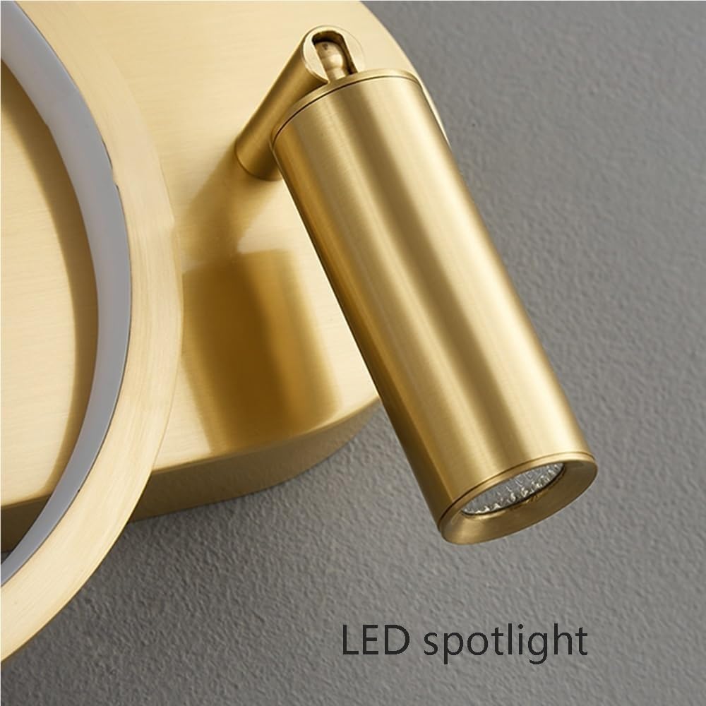 Modern Full Brass Capsule Wall Mount Light Minimalist Ring Ambient Wall Sconce with Small Spotlight Indoor 3-Color Dimmable Decor Wall Lamp for Bedroom Living Room
