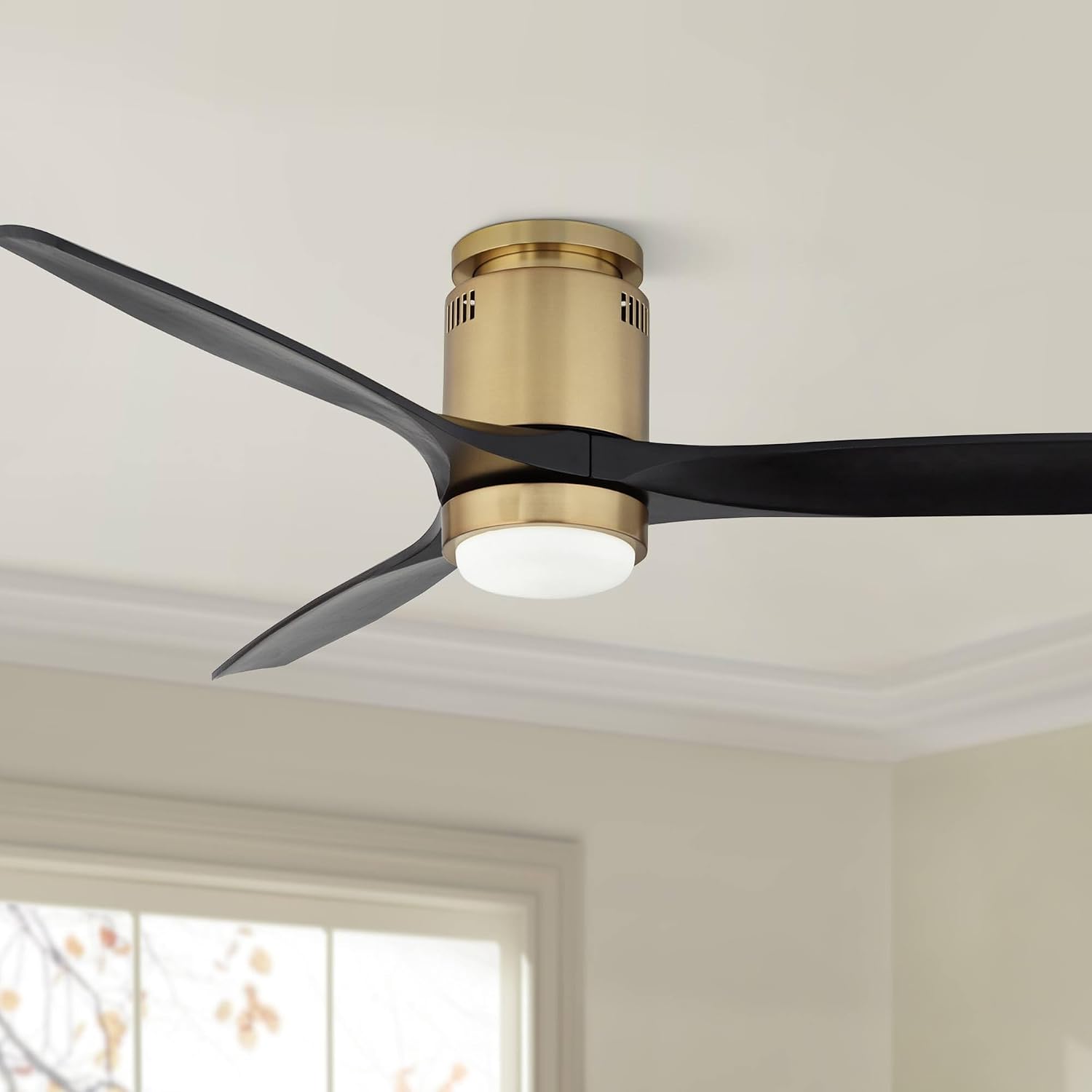 Casa Vieja 52' Windspun Modern Indoor Ceiling Fan 3 Blade LED Light Remote Control Soft Brass Finish Motor Matte Black Finish Wood Blades Bedroom Living Room Office Hugger DC Motor Flush Mount