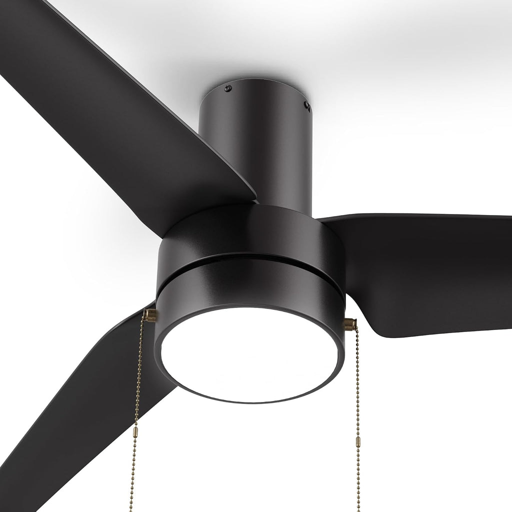 SMAAIR 52 Inch Indoor Ceiling Fans with Pull Chain, Flush Mount Modern Ceiling Fans with Lights, Dimmable LED Ceiling Fan with 3 Blades for Bedroom, Quiet DC Motors, Reversible, Black