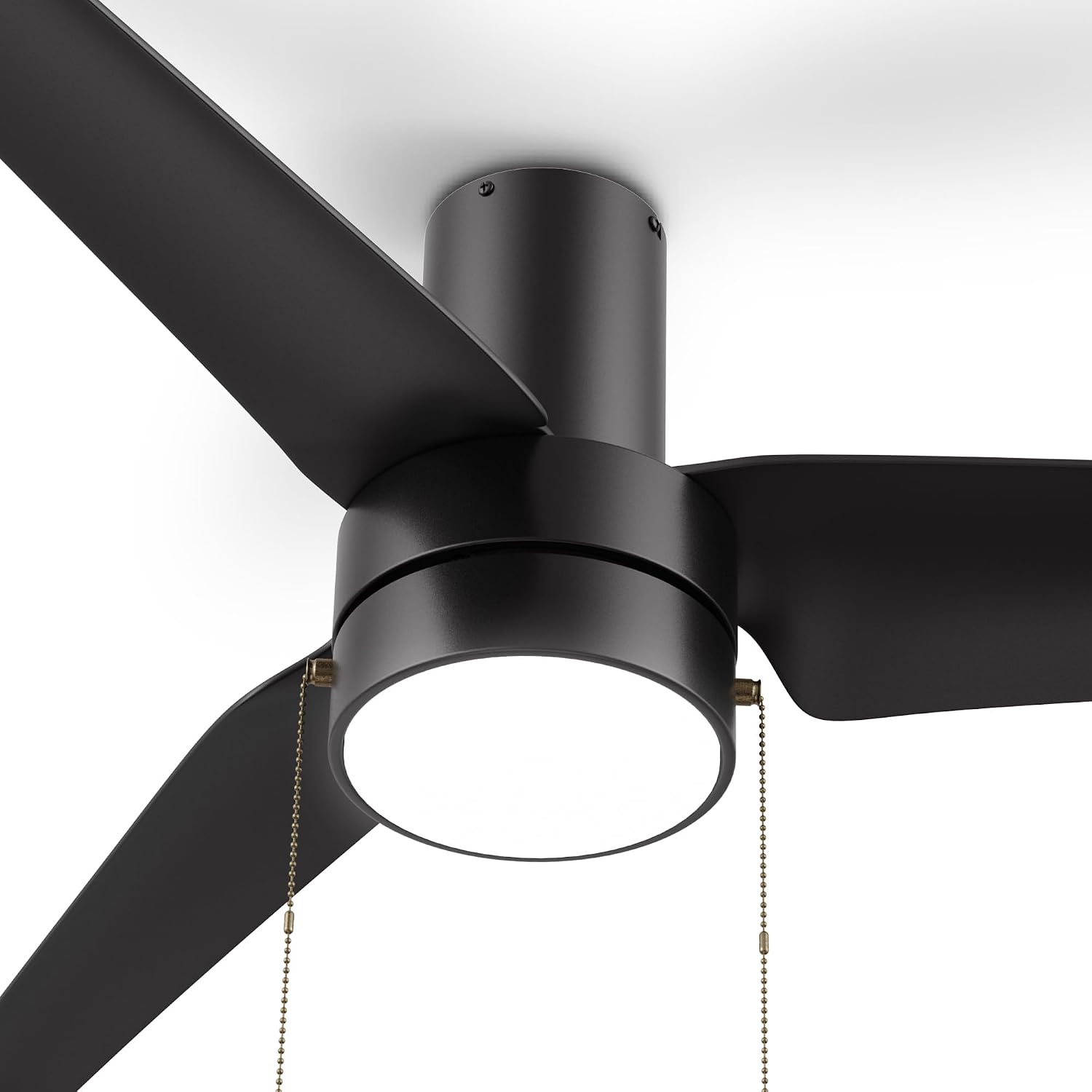 SMAAIR 52 Inch Indoor Ceiling Fans with Pull Chain, Flush Mount Modern Ceiling Fans with Lights, Dimmable LED Ceiling Fan with 3 Blades for Bedroom, Quiet DC Motors, Reversible, Black