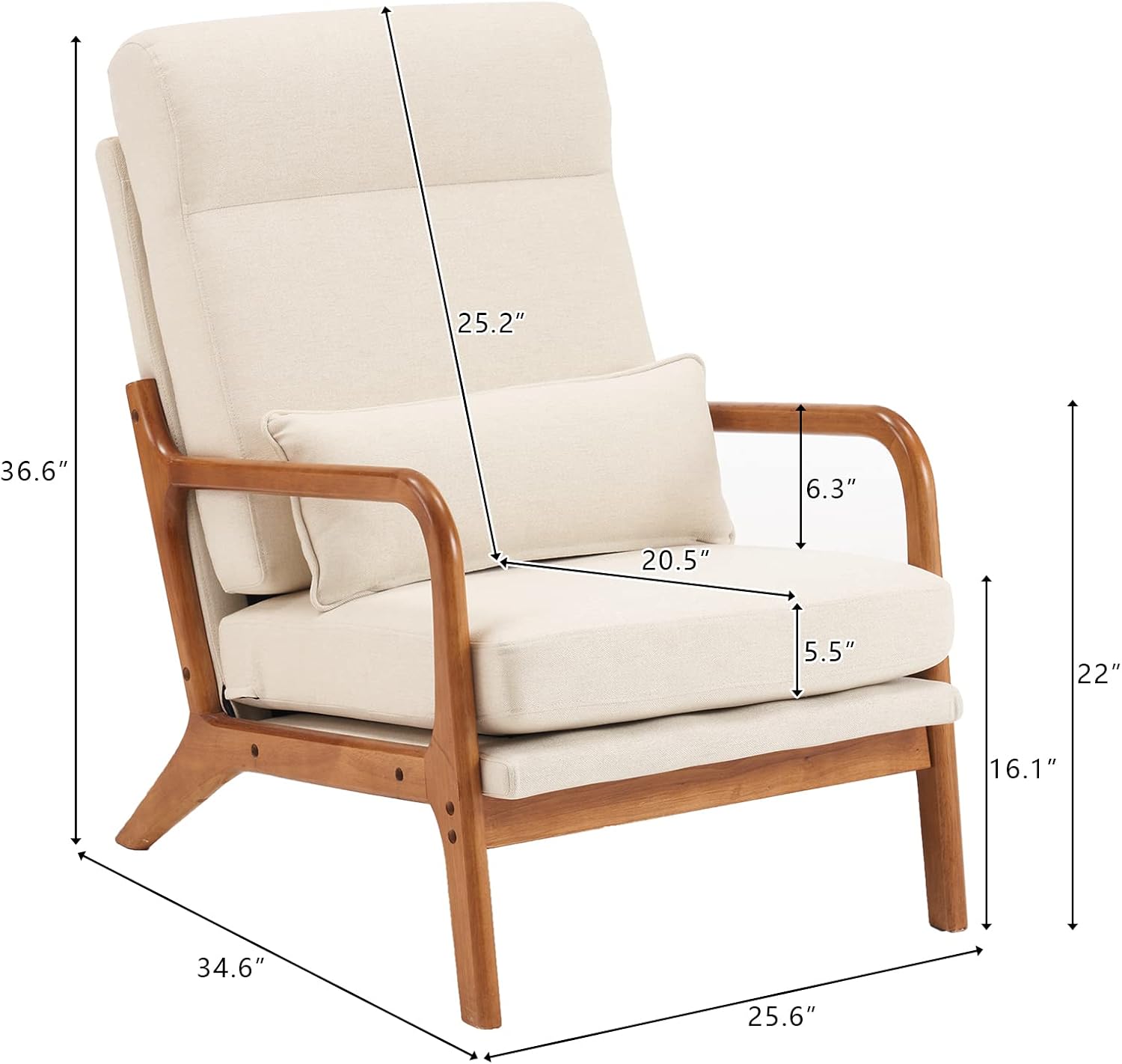 Karl home Accent Chair Mid-Century Modern Chair with Pillow High Back Line Fabric Upholstered Lounge Arm Chair with Solid Wood Frame & Soft Cushion for Living Room, Bedroom, Balcony, Beige
