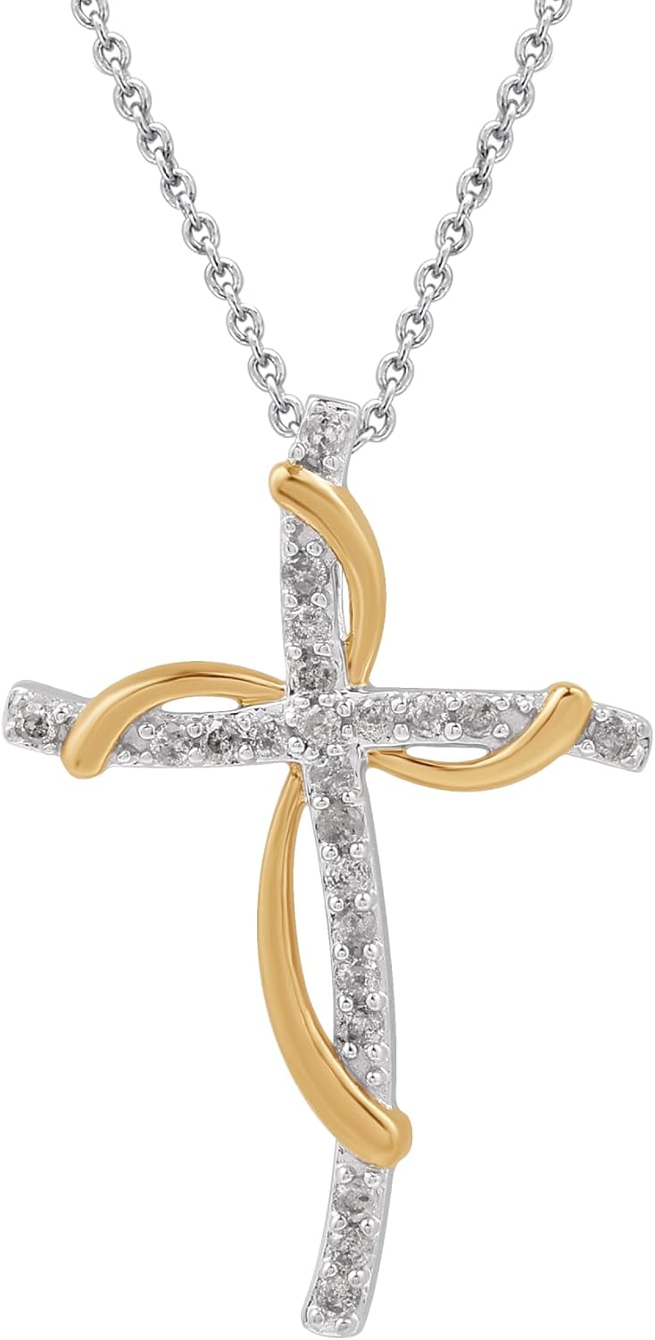 GILDED 14K Yellow Gold over 925 Sterling Silver Necklace for Women with Natural Diamond and Twist Cross Pendant, 14K Gold Plated over Sterling Silver, 925 Sterling Silver, 18' Cable Chain, 1/4 Carat Total Weight Diamonds & Elegant Gift Box Included