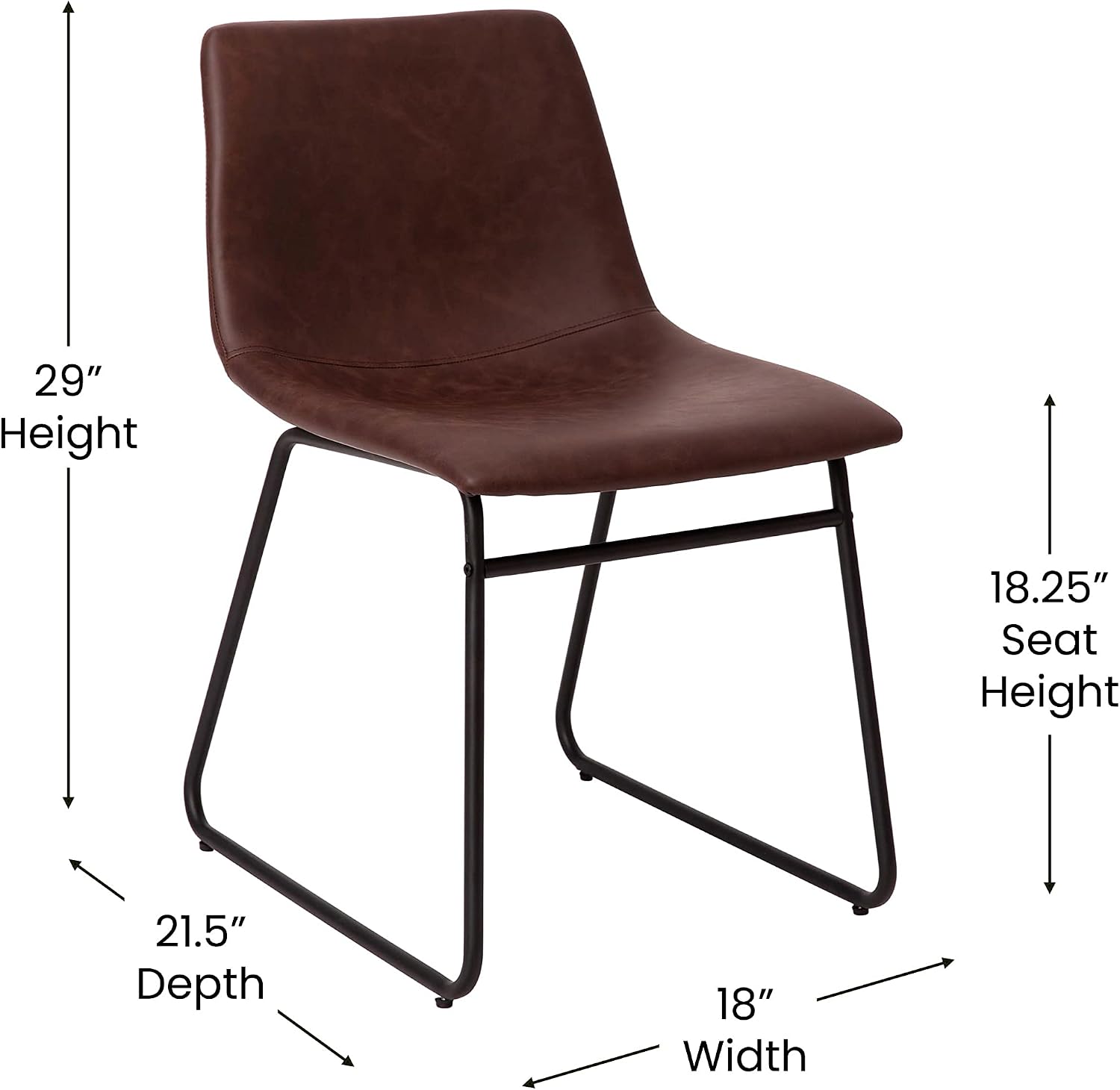 Flash Furniture Butler 18' LeatherSoft Dining Table Height Chairs, Mid-Century Modern Bucket Style Dining Chairs, Set of 2, Dark Brown/Black