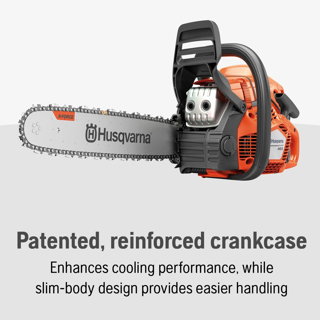 Husqvarna 445S Gas Chainsaw 18 Inch, 50-cc 3-HP, 2-Cycle X-Torq Engine, with Automatic Oiler, For Wood Cutting and Tree Trimming, Gifts for Men