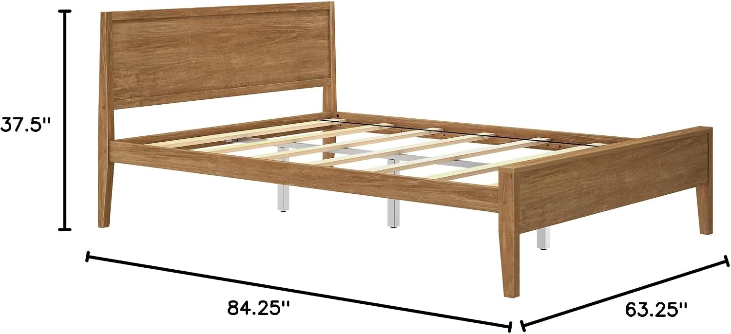 Plank+Beam Solid Wood Queen Bed Frame with Panel Headboard, Modern Queen Platform Bed with Wood Slat Support, No Box Spring Needed, Pecan
