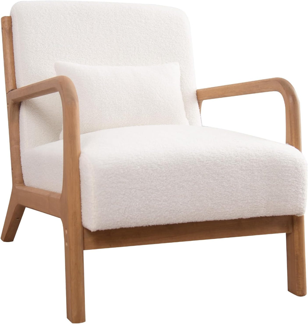 ANJ Mid Century Modern Accent Chair, Single Fabric Lounge Reading Armchair with Solid Wood Frame, Easy Assembly Arm Chairs for Living Room, White