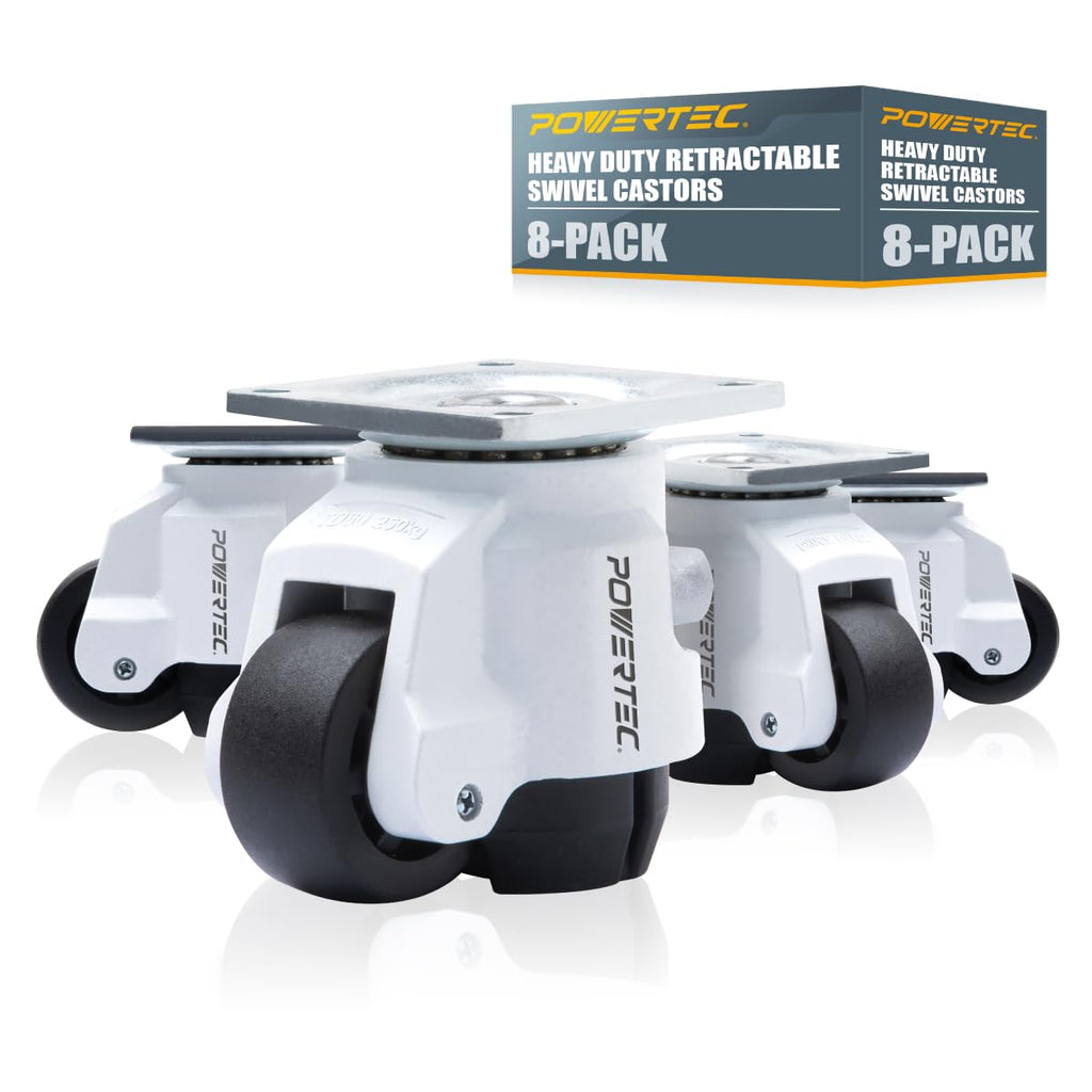 POWERTEC 17300-P2 2-Inch Leveling Casters 8 PK | Heavy Duty with Adjustable Ratcheting Handles | Retractable and Swivel Castors