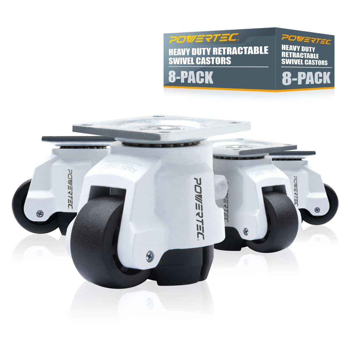 POWERTEC 17300-P2 2-Inch Leveling Casters 8 PK | Heavy Duty with Adjustable Ratcheting Handles | Retractable and Swivel Castors
