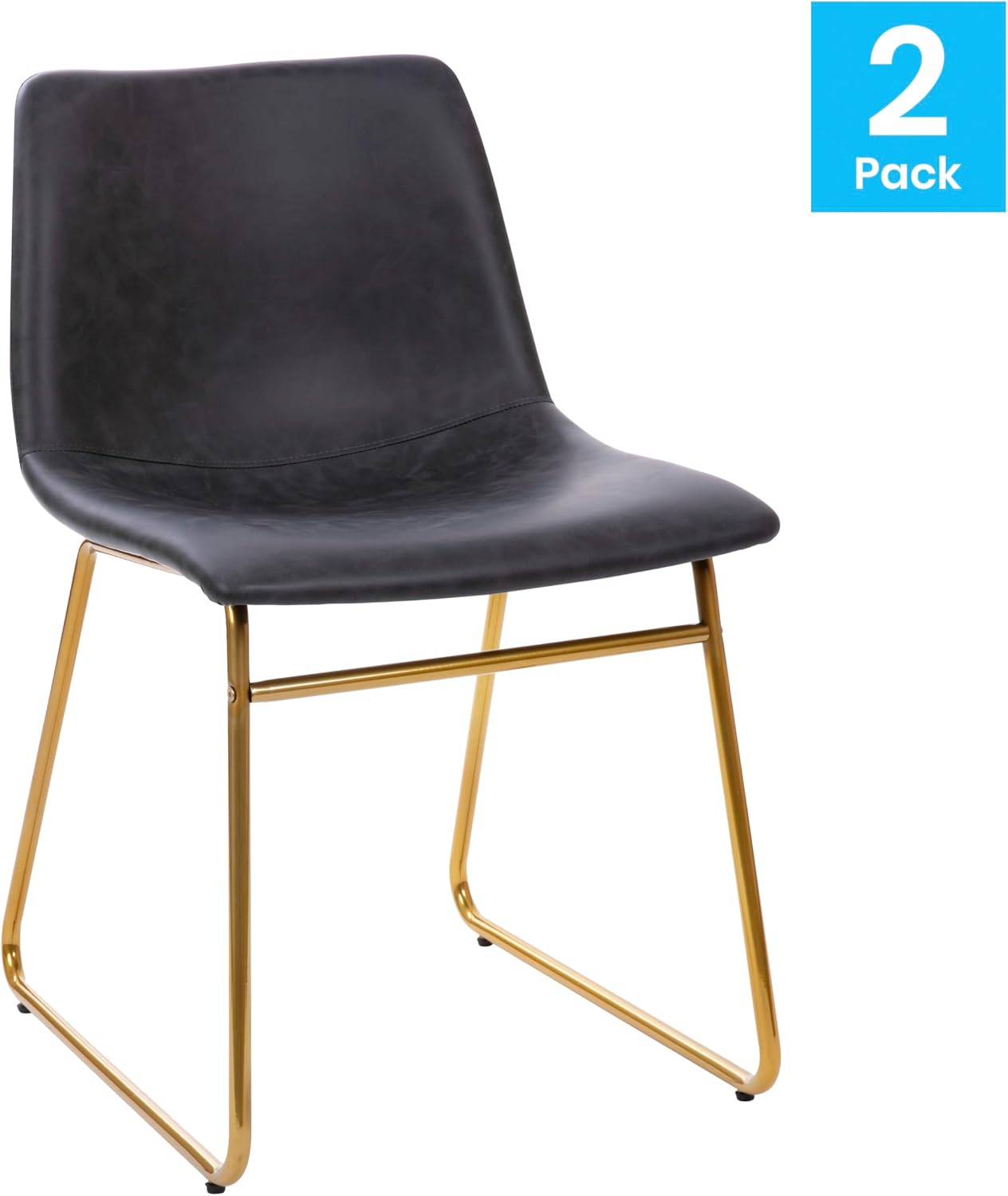 Flash Furniture Butler 18' LeatherSoft Dining Table Height Chairs, Mid-Century Modern Bucket Style Dining Chairs, Set of 2, Dark Gray/Gold