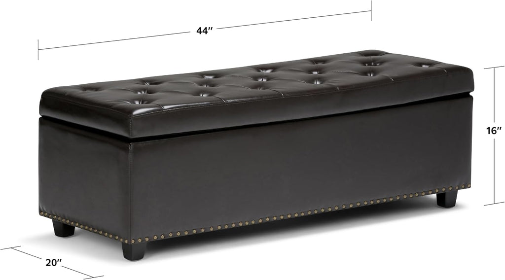 SIMPLIHOME Hamilton Storage Ottoman - 48 inch Wide Upholstered Vegan Leather Rectangle Storage Ottoman Bench in Coffee Brown, Traditional Tufted Ottoman for Living Room or Entryway with Lift-Up Lid