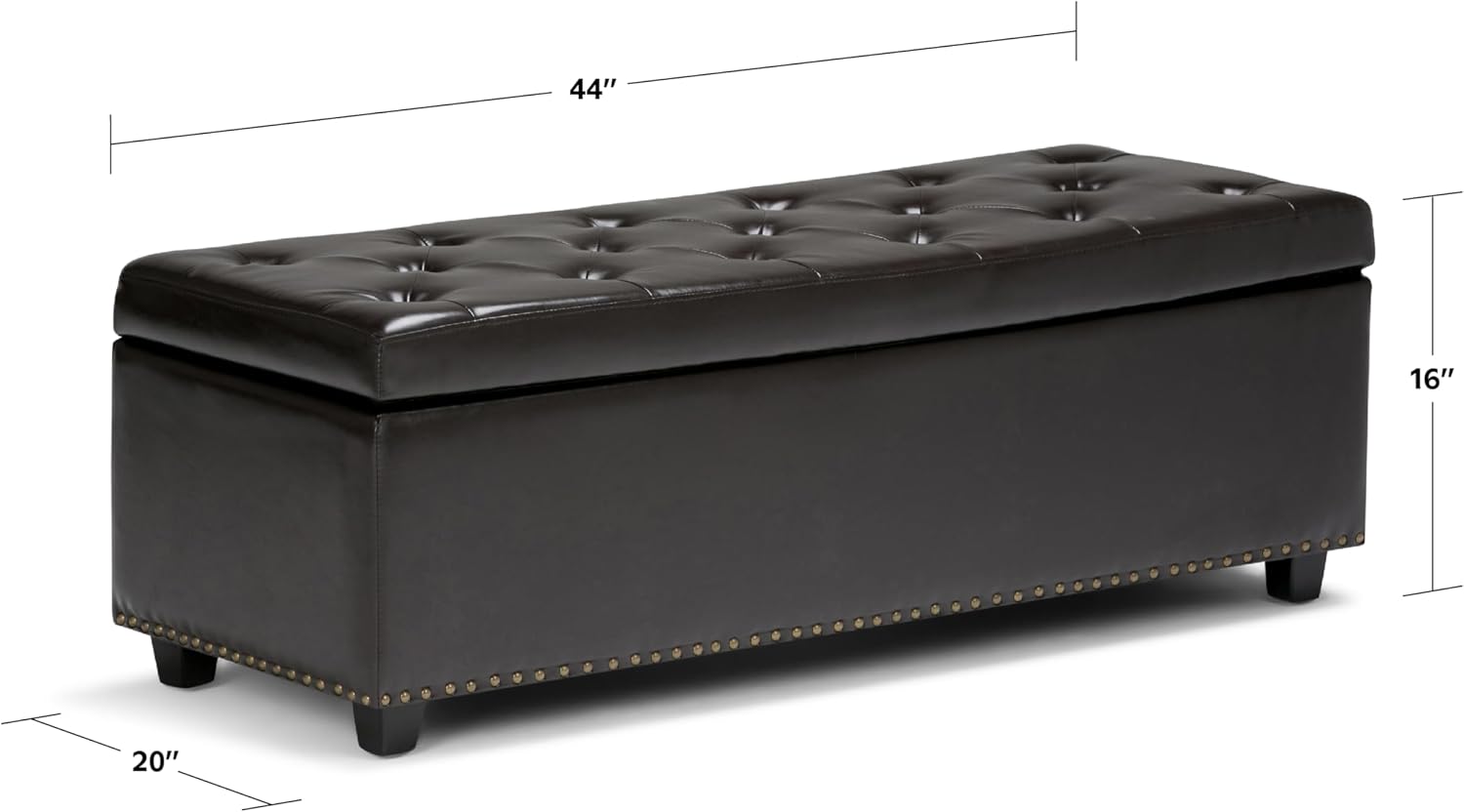 SIMPLIHOME Hamilton Storage Ottoman - 48 inch Wide Upholstered Vegan Leather Rectangle Storage Ottoman Bench in Coffee Brown, Traditional Tufted Ottoman for Living Room or Entryway with Lift-Up Lid