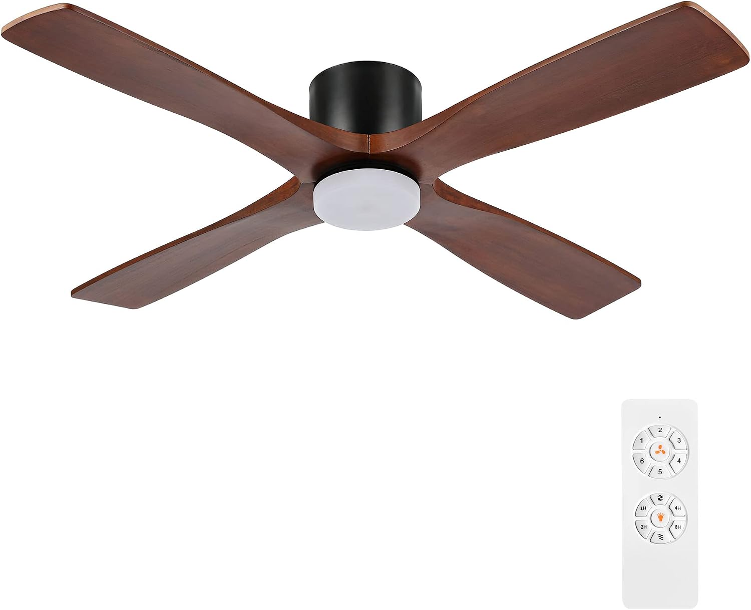 WINGBO 48 Inch Flush Mount DC Ceiling Fan with Lights and Remote, 4 Reversible Carved Wood Blades, 6-Speed Noiseless DC Motor, Hugger Ceiling Fan in Matte Black Finish with Walnut Blades
