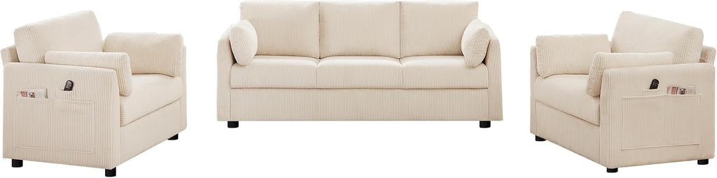 Mofolit Sofa Set for Living Room Corduroy Couch Sets 3 Seater and Single Chair, Sofas for Apartment and Small Spaces (Beige, Sofa Set)