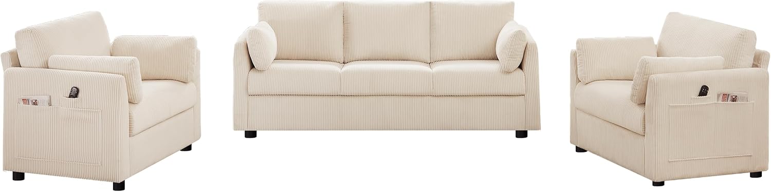 Mofolit Sofa Set for Living Room Corduroy Couch Sets 3 Seater and Single Chair, Sofas for Apartment and Small Spaces (Beige, Sofa Set)
