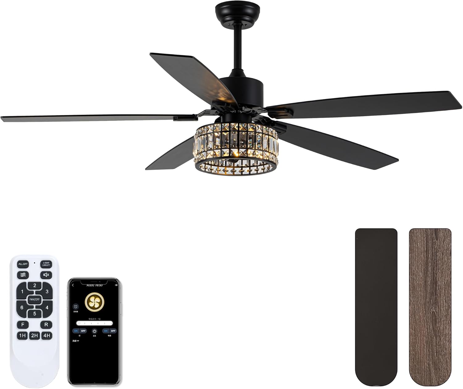 Chandelier Ceiling Fans with Lights and Remote,Caged Ceiling Fan with Light,App 5 Blades E26 Fandelier Ceiling Fans with Lights,Crystal Ceiling Fan for Bedroom,Living Room. (Black, 60 Inch)